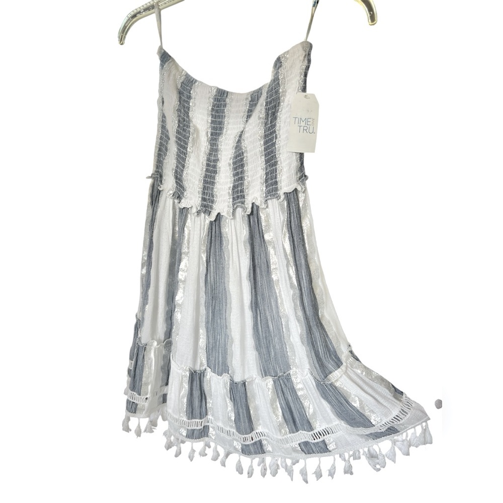 Brand 🆕 Blue White & Metallic Silver Striped Strapless Dress +White Tassels Hem